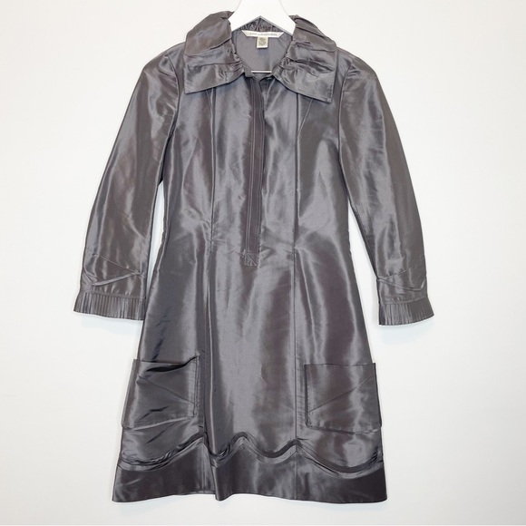 Diane Von Furstenberg Dresses & Skirts - DVF Silver Silk Metallic Dress Long Sleeve Pleated Hem 2